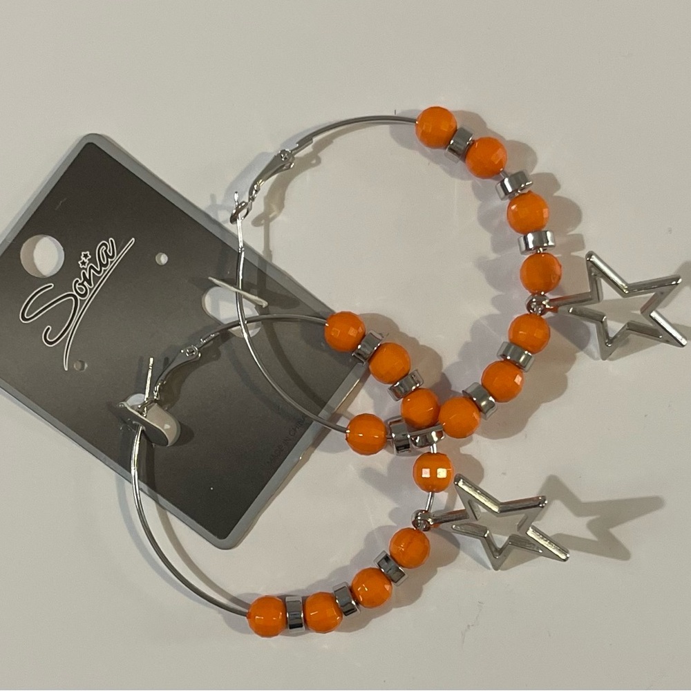 NWT Orange and Silver Star Hoop Earrings with Star Charm